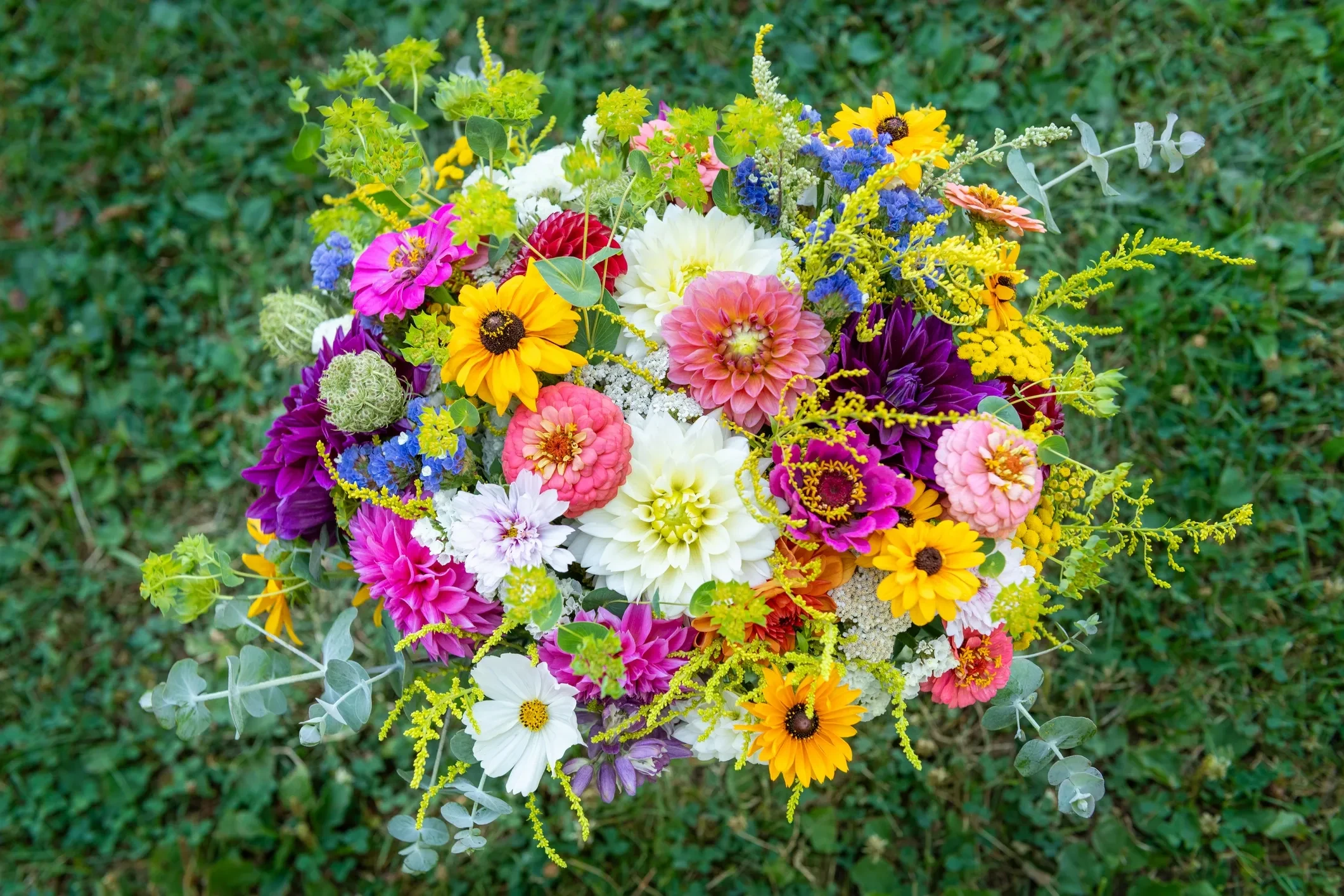 Colorful wildflower bouquet overhead view